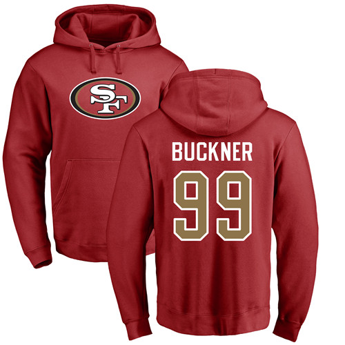 Men San Francisco 49ers Red DeForest Buckner Name and Number Logo #99 Pullover NFL Hoodie Sweatshirts->nfl t-shirts->Sports Accessory